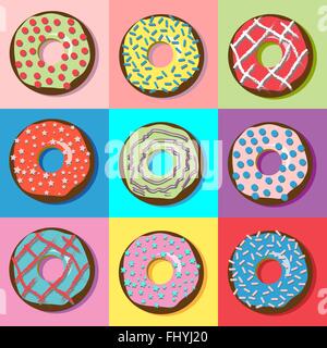 Gustose ciambelle con varie tipologie di riempimento e spruzza. Yummy ossequi e dolci. Digital isolato illustrazione vettoriale Illustrazione Vettoriale