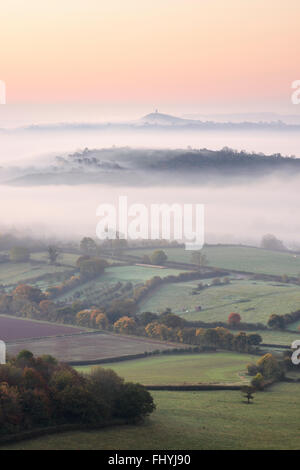 Glastonbury Tor circondato da nebbia avvolta sui campi del Somerset livelli. Foto Stock