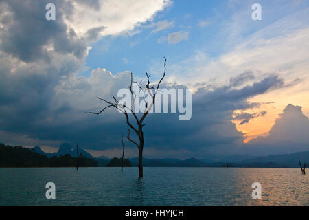 Tramonto e nuvole temporalesche su CHEOW EN lago in Khao Sok NATIONAL PARK - Tailandia Foto Stock