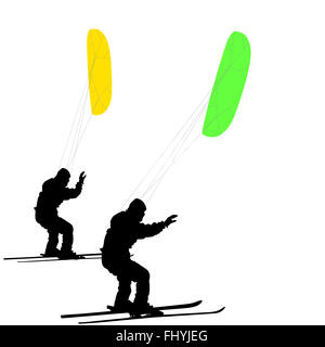 Gli uomini lo sci Snowkiting su un lago ghiacciato. illustrazione. Foto Stock