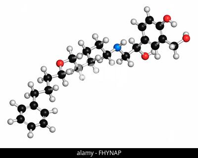 Salmeterolo asma molecola di farmaco atomi sono rappresentati come sfere e sono codificati a colori: idrogeno (bianco), carbonio (nero), ossigeno Foto Stock