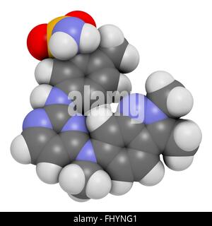 Cancro Pazopanib molecola di farmaco (inibitore della tirosina chinasi classe) atomi sono rappresentati come sfere e sono codificati a colori: Foto Stock