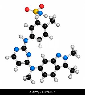 Cancro Pazopanib molecola di farmaco (inibitore della tirosina chinasi classe) atomi sono rappresentati come sfere e sono codificati a colori: Foto Stock
