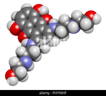 Mitoxantrone cancro molecola di farmaco (tipo II di inibitore di topoisomerasi) atomi sono rappresentati come sfere e sono codificati a colori: Foto Stock