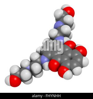 Mitoxantrone cancro molecola di farmaco (tipo II di inibitore di topoisomerasi) atomi sono rappresentati come sfere e sono codificati a colori: Foto Stock