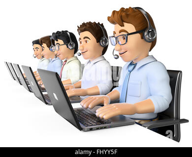 3d lavoro di persone. uomini al lavoro in un call center isolati a sfondo bianco. Foto Stock