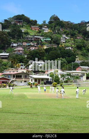 Una partita di cricket in uno dei più pittoreschi giardini nel mondo, Charlotteville, Tobago. Foto Stock