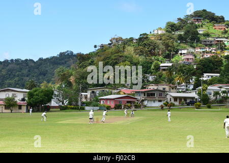 Una partita di cricket in uno dei più pittoreschi giardini nel mondo, Charlotteville, Tobago. Foto Stock