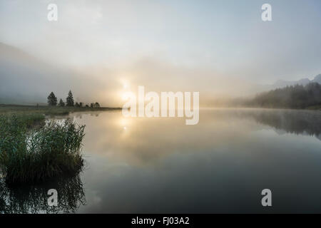 Sunrise e la nebbia di mattina, Geroldsee o Wagenbrüchsee, Krün vicino a Mittenwald, Werdenfelser Land, Alta Baviera, Baviera, Germania Foto Stock