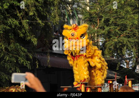 Phnom Penh celebra "Anno della Scimmia' w/ Leone tradizionali balli durante il Capodanno cinese. © Kraig Lieb Foto Stock