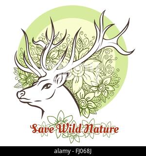 Testa di cervo con fiori e testo Salvare Wilde la natura. Free font utilizzato. Ecologia emblema o adesivo. Illustrazione Vettoriale