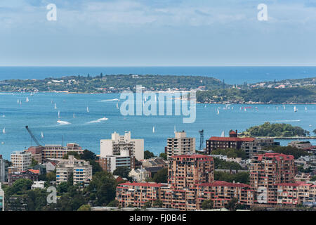 Il porto di Sydney con barche e yacht e edifici adiacenti da altezza Foto Stock