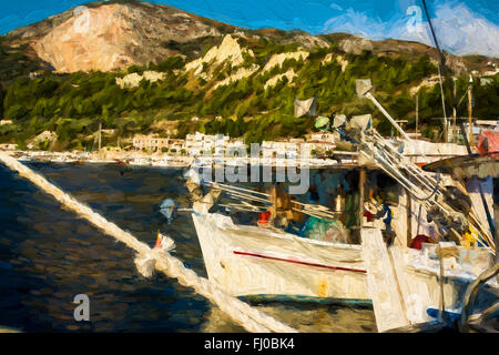 In legno barche da pesca nel bellissimo porto di Alonissos isola in Grecia Foto Stock