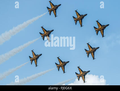 Aeromobile dalla Repubblica di Corea Aquile nere aerobatic team display volare in stretta prossimità al 2016 Singapore Airshow. Foto Stock