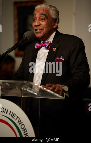 NY Congressman Charles Rangel parla al 2016 Martin Luther King Jr day celebrazione presso la casa di Nan della giustizia in Harlem Foto Stock