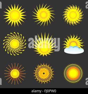 Sun icon set isolato su sfondo nero. Astronomia. Previsioni meteo. Sfondo digitale illustrazione vettoriale. Illustrazione Vettoriale