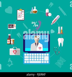 Assistenza sanitaria gli oggetti correlati. Colorate Infographics medico set di icone. Sfondo digitale illustrazione vettoriale. Illustrazione Vettoriale