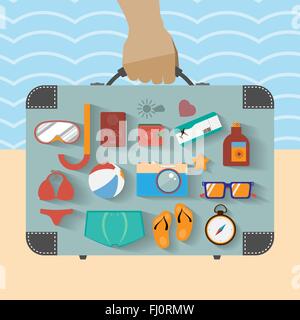 Estate infographics. Vettore di viaggio sfondo digitale illustrazione. Vacanze Estate icon set. Mano che tiene la valigia. Illustrazione Vettoriale