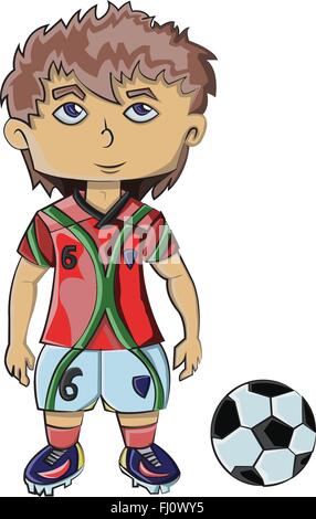 Il calcio il Calciatore con la palla. Attività all'aperto. Ragazzo con sfera illustrazione vettoriale isolato su bianco. Illustrazione Vettoriale