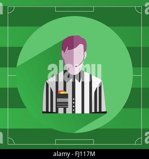 Icona di arbitro. Arbitro nella camicia a righe con il rosso e il giallo Carte in tasca. Gioco di calcio del modello di campo sullo sfondo. Illustrazione Vettoriale