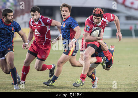 Tbilisi, Georgia. Il 27 febbraio, 2016. Sandro Todua (1R) di Georgia compete durante il confronto tra la Georgia e la Spagna a 2014-16 Rugby Nazioni europee Cup a Tbilisi, Georgia, Feb 27, 2016. La Georgia ha vinto 38-7. Credito: Giorgi Induashvili/Xinhua/Alamy Live News Foto Stock