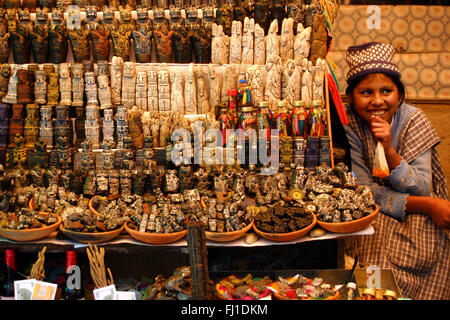 Ragazza di vendita elementi spirituali per chamanism nel il Mercado de Hechicería, o streghe mercato,La Paz in Bolivia Foto Stock