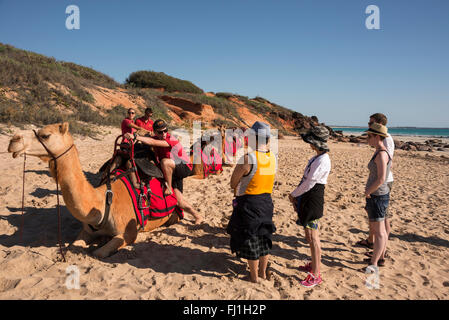 Un membro del personale che mostra un gruppo di turisti su come montare una sellati cammello prima la loro corsa su un tramonto corsa in cammello sul cavo Foto Stock