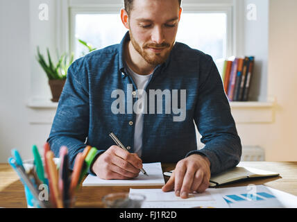 Unico uomo barbuto in maglietta blu con il blocco note e penna documenti di controllo per confrontare o registrare informazioni Foto Stock