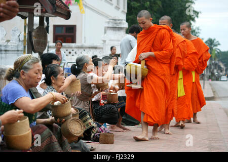 Tak Bat rituale - I monaci buddisti ricevere riso e cibo da pupulation in mattina presto a Luang Prabang, Laos, Asia Foto Stock