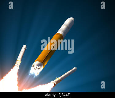 A razzo a propellente solido Separazione dei booster. Realistiche scene 3D. Foto Stock