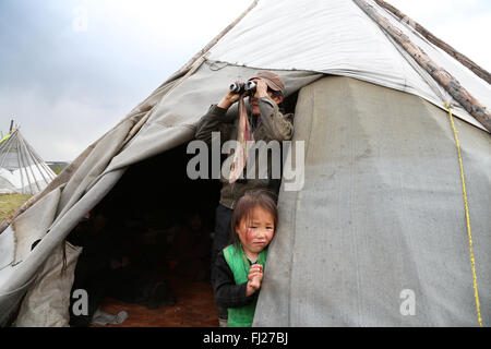 Tsaatan Dukha persone , nomadi allevatori di renne , Mongolia Foto Stock