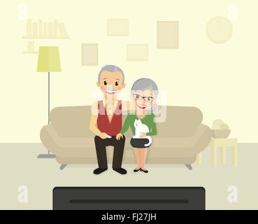 Felice nonni seduti a casa e guardare la tv Illustrazione Vettoriale