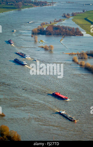 Vista aerea, diga sul Reno, navi da carico sul Reno durante il diluvio, lo spingitore barge, rosso pericolosi, nave portarinfuse, Reno inondazioni, Foto Stock