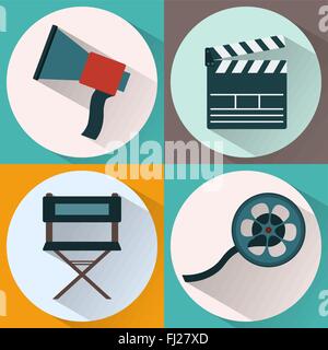 Cinema icon set. Realizzazione del film. Altoparlante, Clapperboard, Direttore di sedia, rotolo pellicola. Sfondo digitale illustrazione vettoriale. Illustrazione Vettoriale