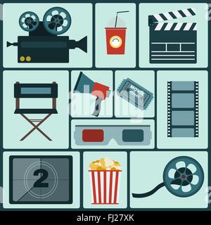 Cinema icon set. Realizzazione del film. Fotocamera, Movie Ticket, battaglio board, Direttore della Seat, Loudhailer, bicchiere da cocktail con il tubo. Illustrazione Vettoriale