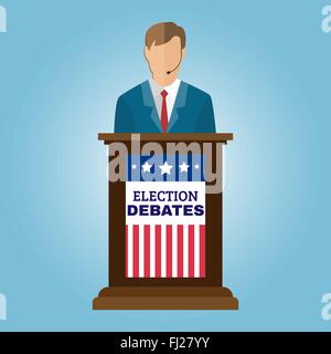Dibattiti elettorali campagna annuncio Flyer. Promozione sociale Banner. Bandiera americana di elementi simbolici - strisce rosse e blu di stelle. Illustrazione Vettoriale