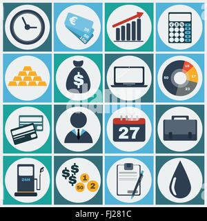 Economia icon set. Colorate le icone di business. Sfondo digitale illustrazione vettoriale. Illustrazione Vettoriale