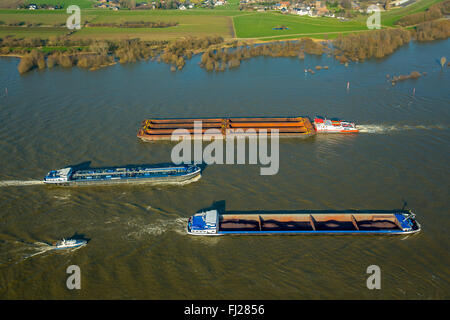 Vista aerea, diga sul Reno, navi da carico sul Reno durante il diluvio, lo spingitore barge, rosso pericolosi, nave portarinfuse, Reno inondazioni, Foto Stock