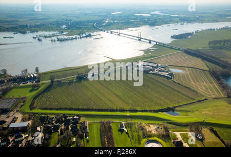 Vista aerea, sul Reno a Rees, cavo-alloggiato bridge, vista di Kalkar sul Reno per il centro cittadino di Rees con nave, Rees, Reno, di navigazione Foto Stock