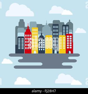 Paesaggio con edifici, grattacieli e cielo blu di giorno. Sfondo digitale flat illustrazione vettoriale. Illustrazione Vettoriale