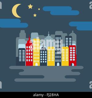 Paesaggio con edifici, grattacieli, cielo stellato con mezza luna di notte. Sfondo digitale flat illustrazione vettoriale. Illustrazione Vettoriale