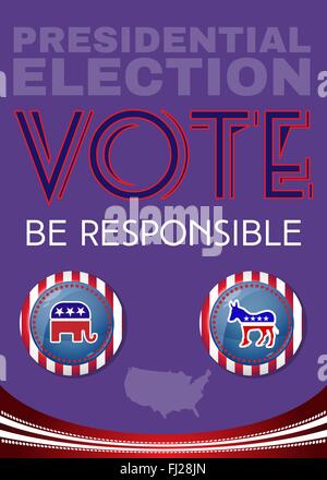 Il giorno delle elezioni la campagna 2016 Annuncio Flyer. Essere responsabile di Promozione Sociale Banner. Elephant versus asino. Bandiera americana di simboli. Illustrazione Vettoriale