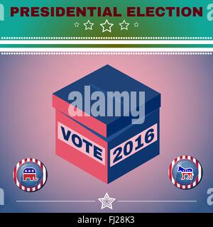 Elezioni presidenziali giorno 2016 Campagna annuncio Flyer. Promozione sociale Banner. Elephant versus asino. Bandiera americana di simboli. Illustrazione Vettoriale