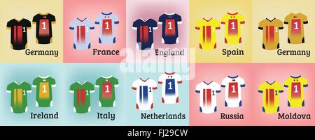 Sport calcio insieme uniforme. Varie colorato T-shirt per squadre di calcio. Sportswear Illustrazione Moda su uno sfondo colorato. Illustrazione Vettoriale