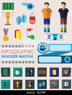 Una infografica partita di calcio. Campionato di calcio Flyer. Vettore di sport di set di icone. Illustrazione Digitale. Elementi di calcio. Illustrazione Vettoriale