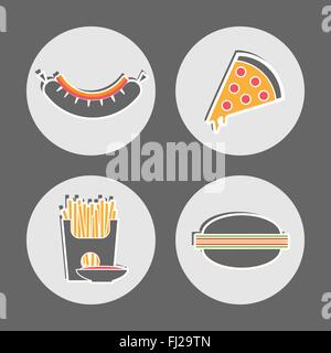 Spuntini. La salsiccia con ketchup e Mayo. Salsiccia per Pizza Pizza con formaggio. Patate Fritte pacchetto con piattino di ketchup. Cheeseburger. Illustrazione Vettoriale