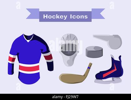Hockey Sportswear illustrazione. Casco di Hockey-stick e pullover e Puck e fischietto. Hockey gioco accessori vettore. Illustrazione Vettoriale