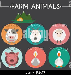 Gli animali della fattoria e uccelli Round set di icone. Mucca, pecora, capra, maiale, anatra e oca. Paese fienile in montagna valli. Illustr vettore Illustrazione Vettoriale