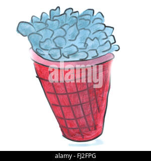 Popcorn blu in una casella rossa isolato cartoon acquerello Foto Stock