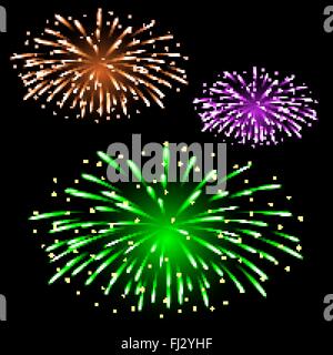 Modellato festosi fuochi d' artificio che esplodevano in varie forme scintillante pittogrammi impostato su sfondo nero vettore astratto Illustrazione Vettoriale
